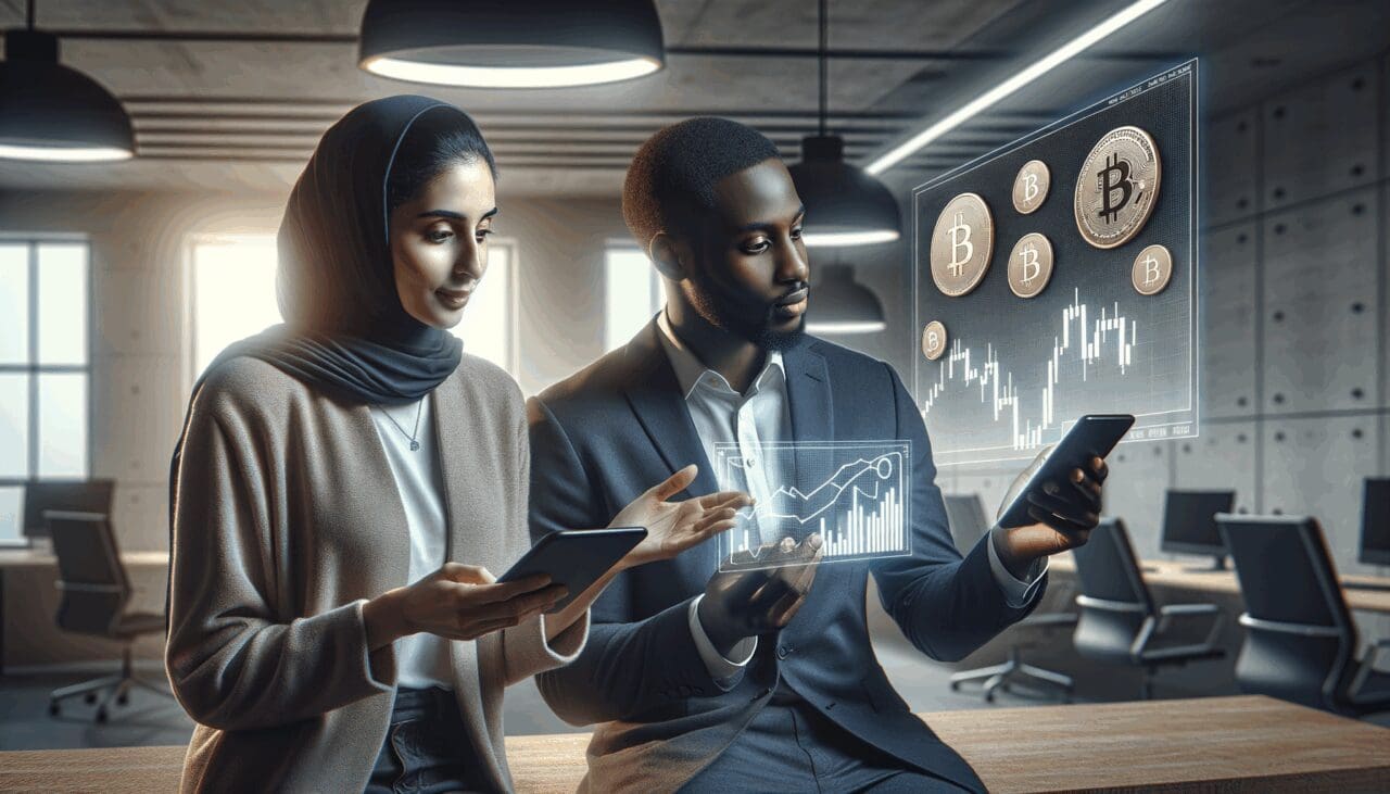 Dos personas revisan gráficas digitales y criptomonedas en una oficina moderna, ambiente de startup tecnológica.