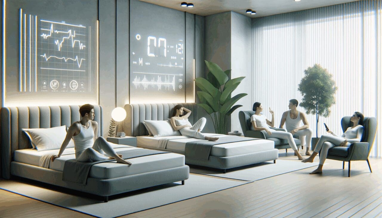 Personas descansando en habitaciones modernas equipadas con dispositivos tecnológicos para monitoreo del sueño.