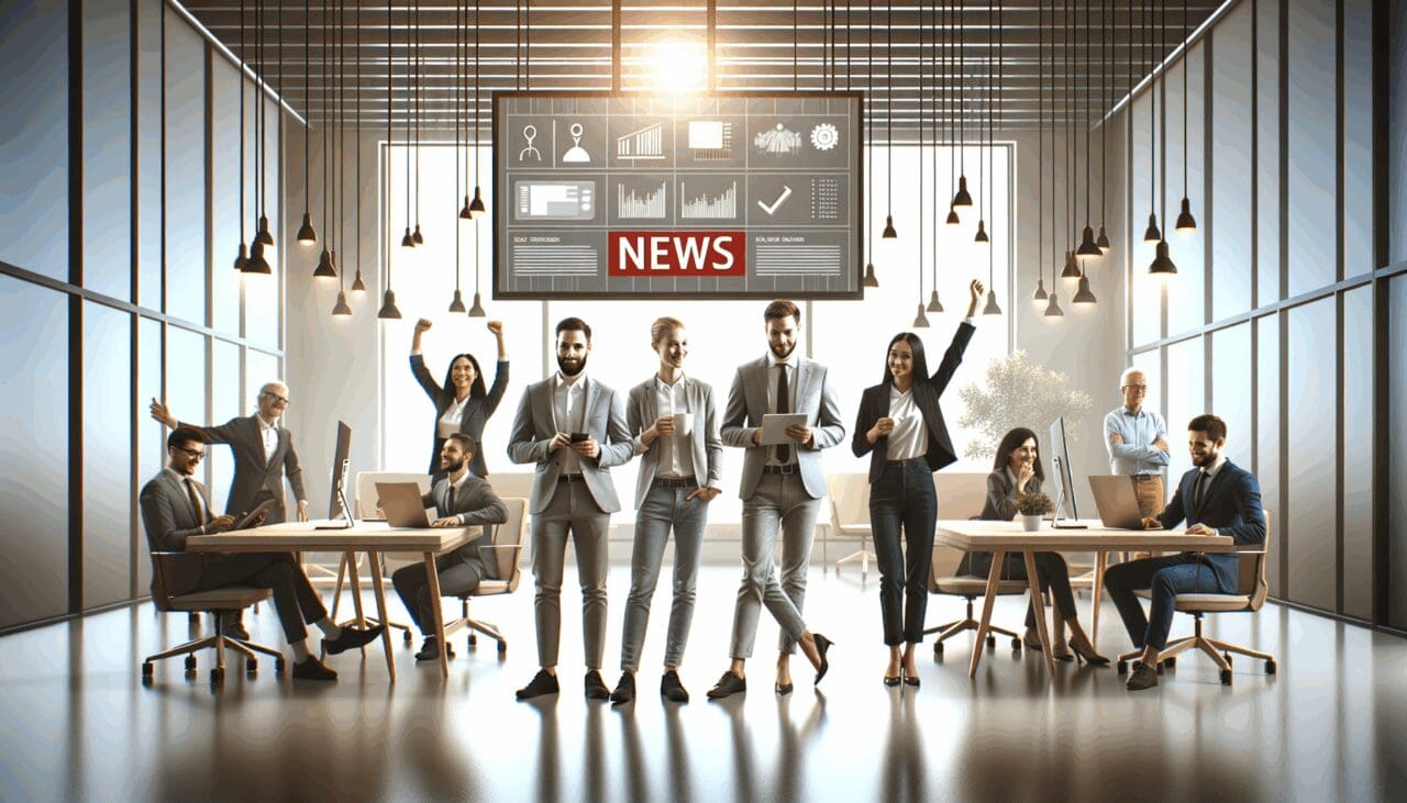 Emprendedores reunidos en un moderno espacio de coworking, rodeados de equipos de tecnología.