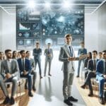 Emprendedores jóvenes presentando proyectos tecnológicos en un moderno auditorio iluminado, ambiente de networking y pantallas digitales.