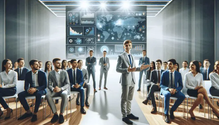 Emprendedores jóvenes presentando proyectos tecnológicos en un moderno auditorio iluminado, ambiente de networking y pantallas digitales.