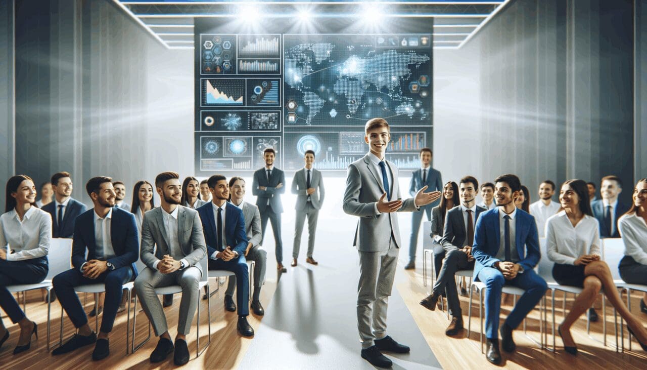 Emprendedores jóvenes presentando proyectos tecnológicos en un moderno auditorio iluminado, ambiente de networking y pantallas digitales.