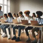 Jóvenes en aula moderna usando computadoras portátiles y tabletas mientras un docente guía una clase digital.