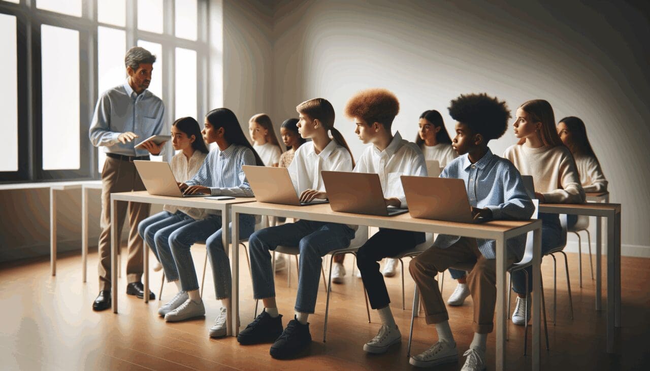 Jóvenes en aula moderna usando computadoras portátiles y tabletas mientras un docente guía una clase digital.