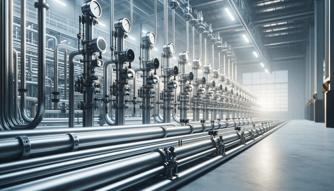 Primer plano de tuberías industriales conectadas a sensores tecnológicos en una fábrica moderna.