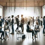 Espacio de networking lleno de emprendedores conversando en un evento moderno