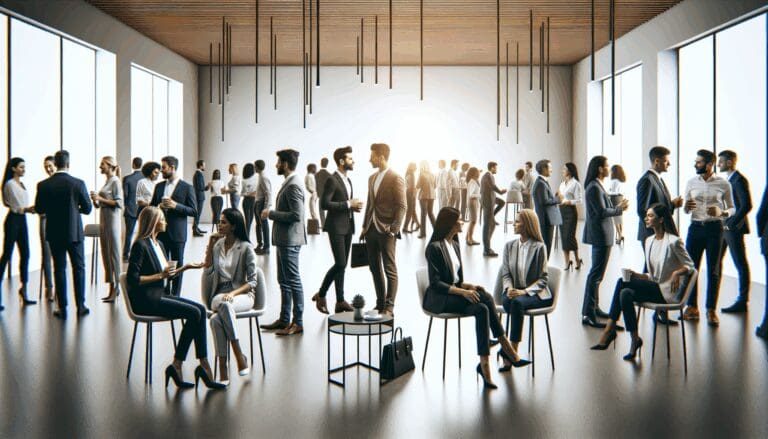 Espacio de networking lleno de emprendedores conversando en un evento moderno