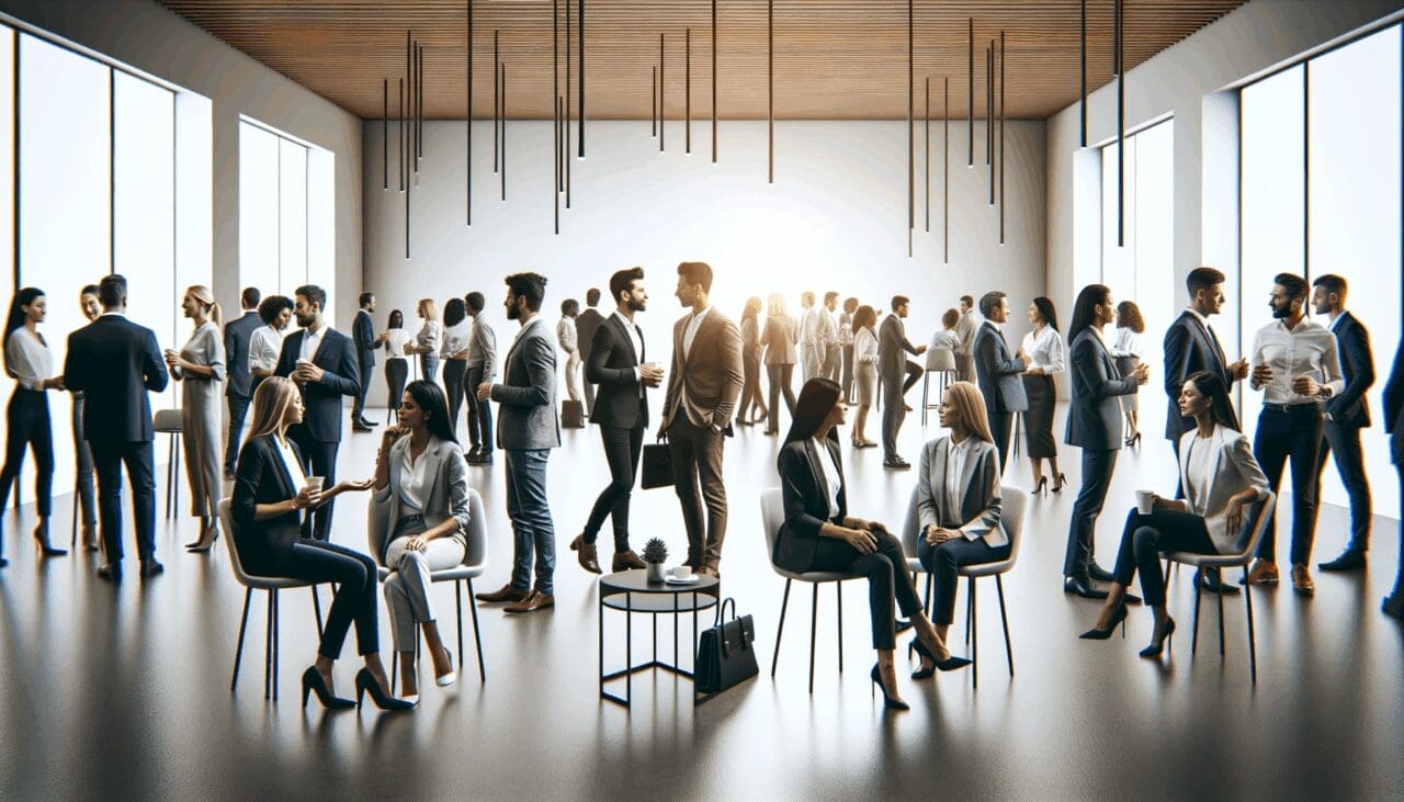 Espacio de networking lleno de emprendedores conversando en un evento moderno