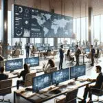 Oficina corporativa moderna con equipos de trabajo colaborando y pantallas digitales en un entorno profesional latinoamericano.