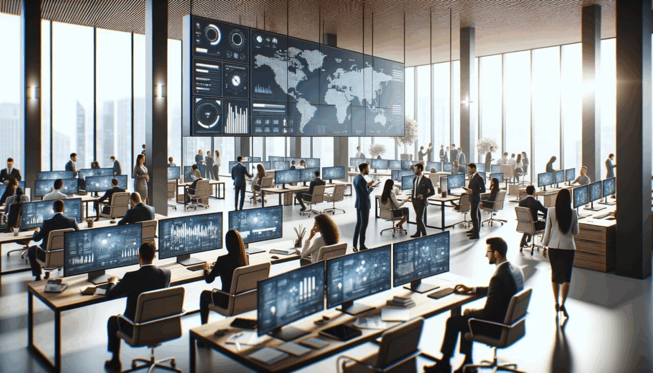 Oficina corporativa moderna con equipos de trabajo colaborando y pantallas digitales en un entorno profesional latinoamericano.