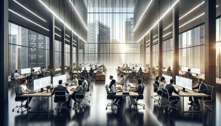 Oficinas modernas con equipos de trabajo colaborando frente a pantallas digitales en un entorno urbano