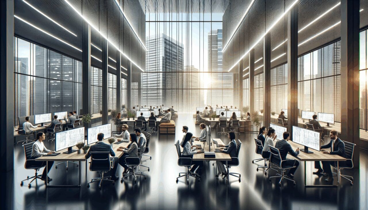 Oficinas modernas con equipos de trabajo colaborando frente a pantallas digitales en un entorno urbano