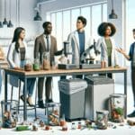 Personas jóvenes analizando residuos alimentarios en un entorno de laboratorio moderno.