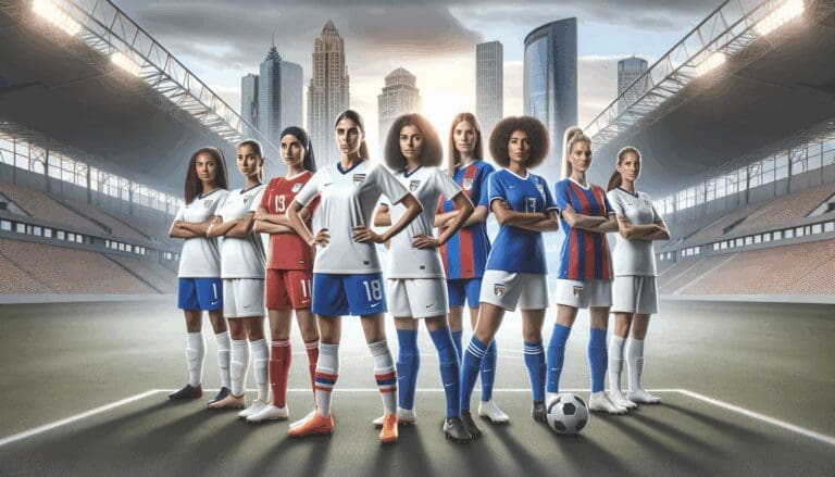 Grupo de mujeres futbolistas celebrando en un estadio moderno, con fondo urbano y atmósfera dinámica.