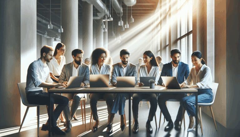 Emprendedores colaborando en un moderno espacio de coworking con luz natural y laptops abiertas.