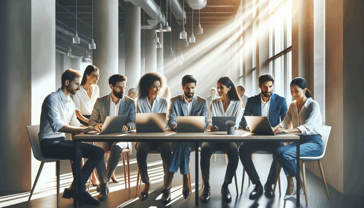 Emprendedores colaborando en un moderno espacio de coworking con luz natural y laptops abiertas.