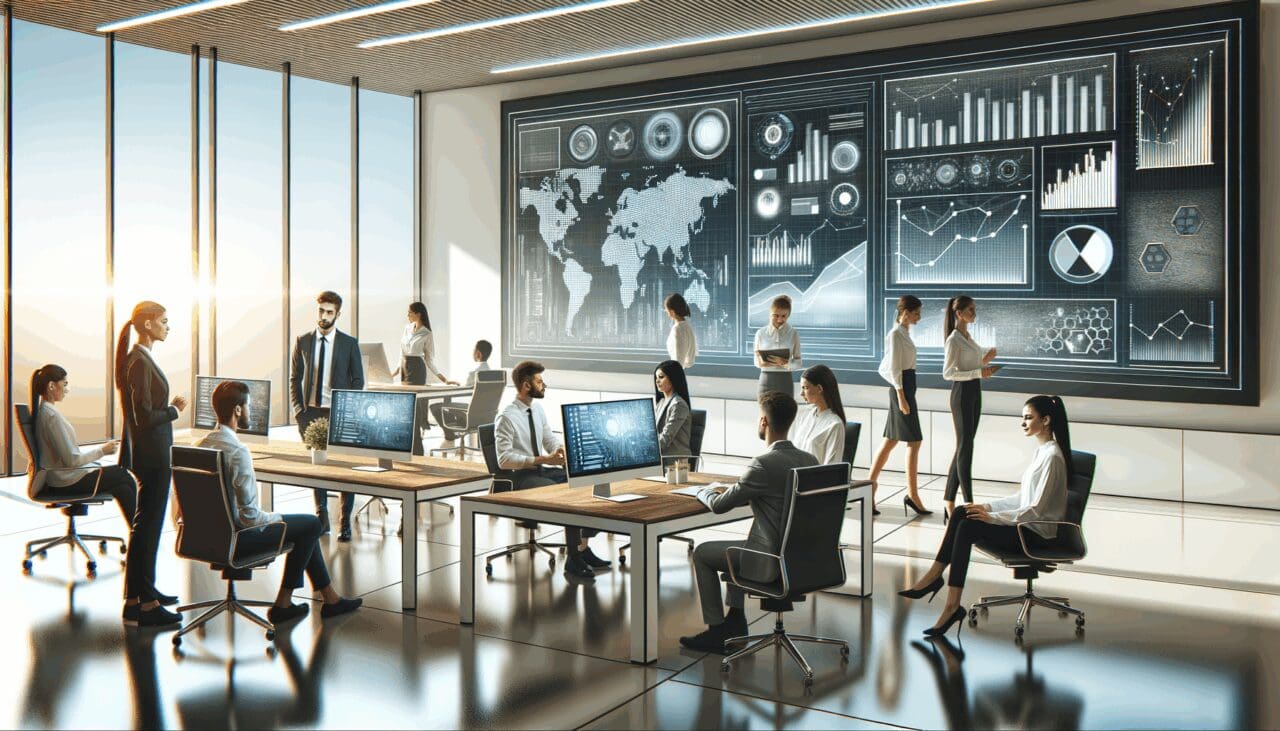 Oficinas modernas con empleados colaborando y pantallas mostrando gráficos tecnológicos.