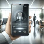 Dispositivo inteligente mostrando una interfaz de voz digital, ambiente de oficina moderna y persona interactuando con tecnología.