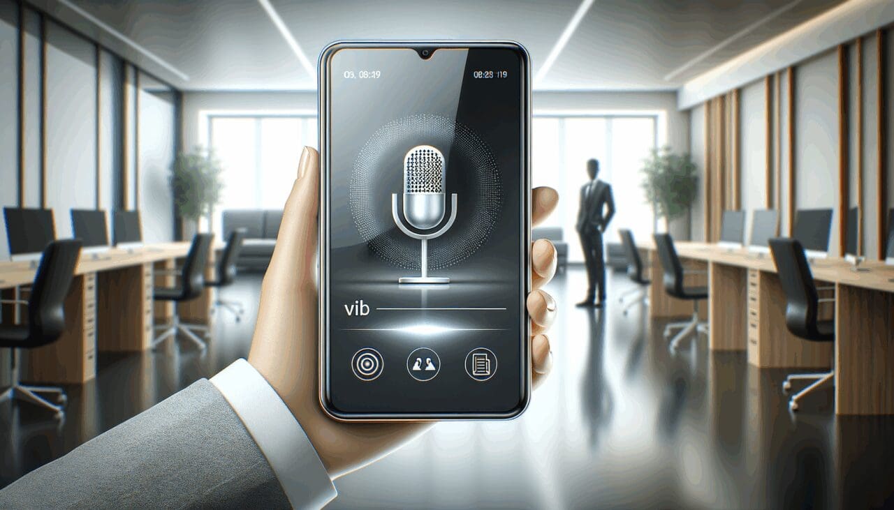 Dispositivo inteligente mostrando una interfaz de voz digital, ambiente de oficina moderna y persona interactuando con tecnología.