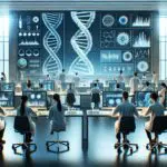 Laboratorio moderno con científicos analizando muestras genéticas en monitores de alta tecnología.