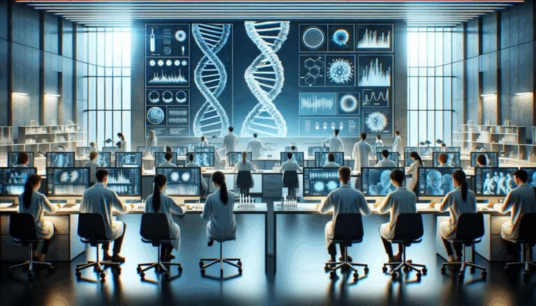 Laboratorio moderno con científicos analizando muestras genéticas en monitores de alta tecnología.
