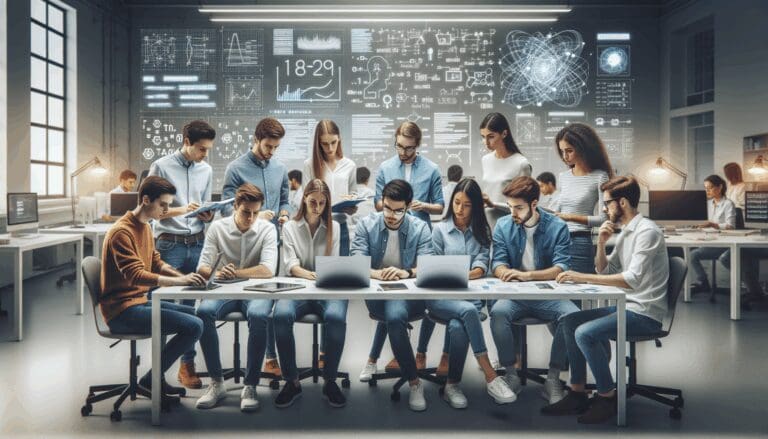 Equipo de jóvenes profesionales colaborando en un laboratorio tecnológico, rodeados de fórmulas y pantallas digitales.