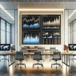 Oficinas modernas con pantallas que muestran gráficos financieros.