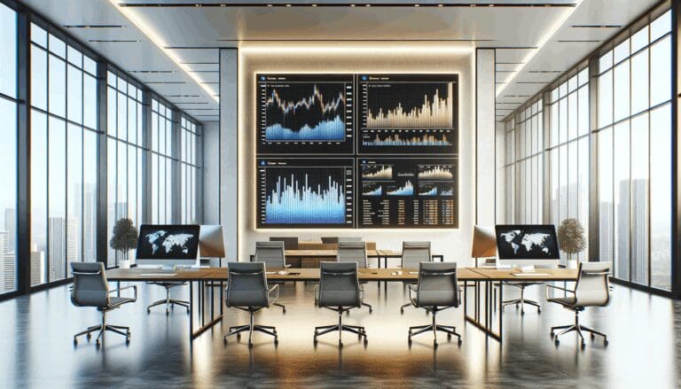 Oficinas modernas con pantallas que muestran gráficos financieros.