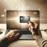 Manos sosteniendo una tarjeta de crédito frente a una laptop, fondo moderno en tonos neutros.