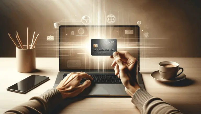 Manos sosteniendo una tarjeta de crédito frente a una laptop, fondo moderno en tonos neutros.