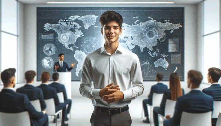 Joven emprendedor sudamericano presentando un pitch en un auditorio moderno con fondo tecnológico desenfocado.