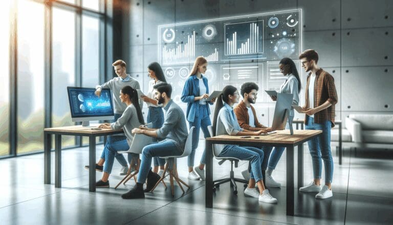 Equipo joven de emprendedores colaborando en una oficina moderna con computadoras y pantallas con gráficos de datos.