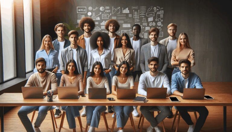 Equipo diverso de jóvenes emprendedores colaborando en una oficina luminosa, rodeados de laptops y pizarras digitales.