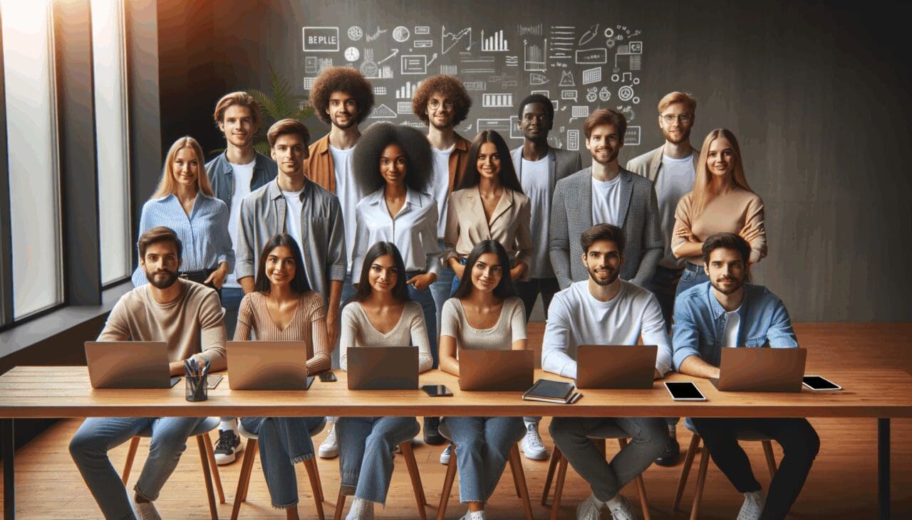 Equipo diverso de jóvenes emprendedores colaborando en una oficina luminosa, rodeados de laptops y pizarras digitales.