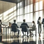 Dos equipos de trabajo colaborando frente a computadoras en una sala de oficina moderna, luz natural y ambiente profesional latinoamericano.