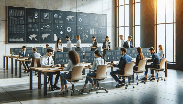 Grupo de jóvenes profesionales en una oficina moderna con pantallas mostrando flujos de trabajo automatizados.