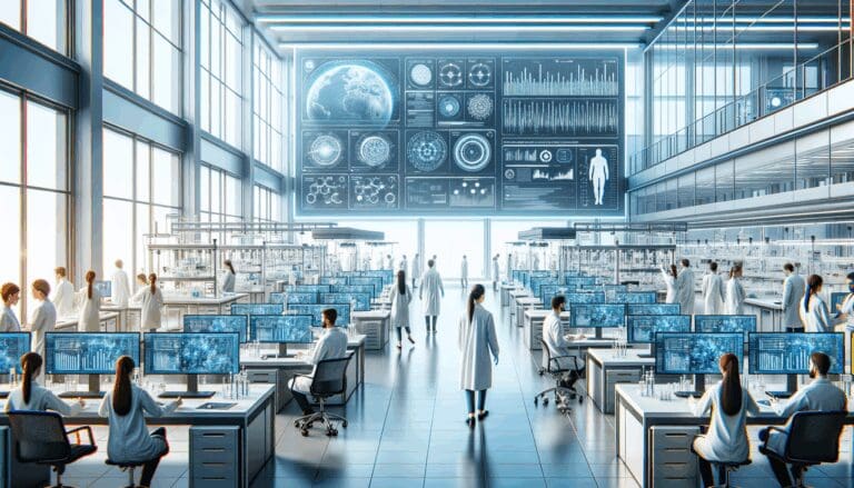 Laboratorio moderno de biotecnología con científicos trabajando y pantallas de datos digitales.