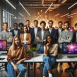 Grupo de jóvenes emprendedores frente a computadoras, en un entorno moderno de coworking, con pantallas y luces de colores al fondo.