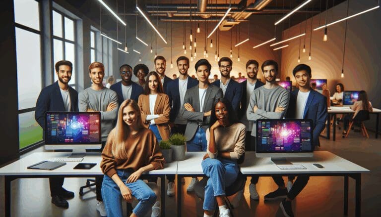Grupo de jóvenes emprendedores frente a computadoras, en un entorno moderno de coworking, con pantallas y luces de colores al fondo.