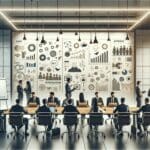 Sala de juntas moderna con emprendedores colaborando frente a pizarras de ideas y monitores digitales.