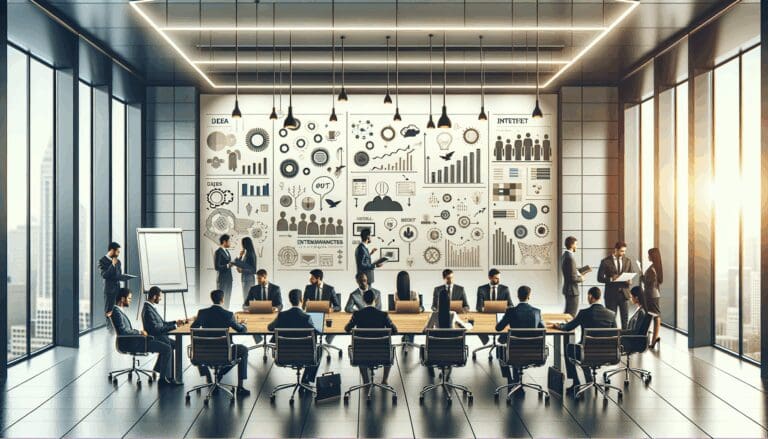 Sala de juntas moderna con emprendedores colaborando frente a pizarras de ideas y monitores digitales.