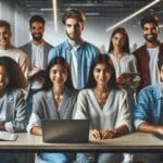 Equipo diverso de jóvenes emprendedores trabajando en laptops en un espacio moderno de coworking.