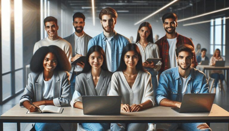 Equipo diverso de jóvenes emprendedores trabajando en laptops en un espacio moderno de coworking.