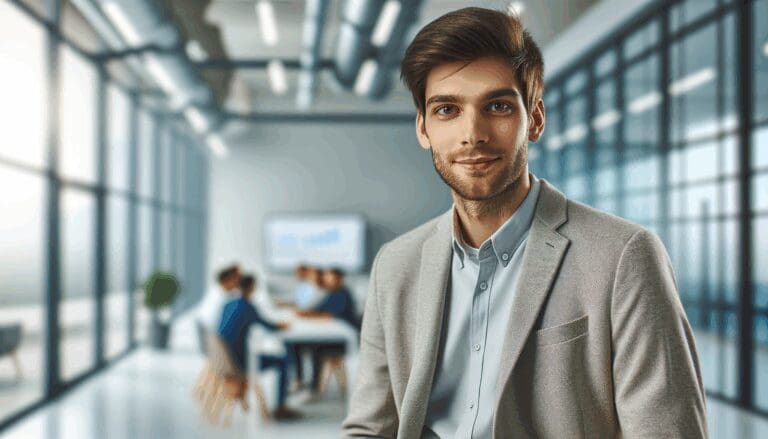 Retrato de un líder tecnológico en una oficina moderna, ambiente de innovación y emprendimiento.