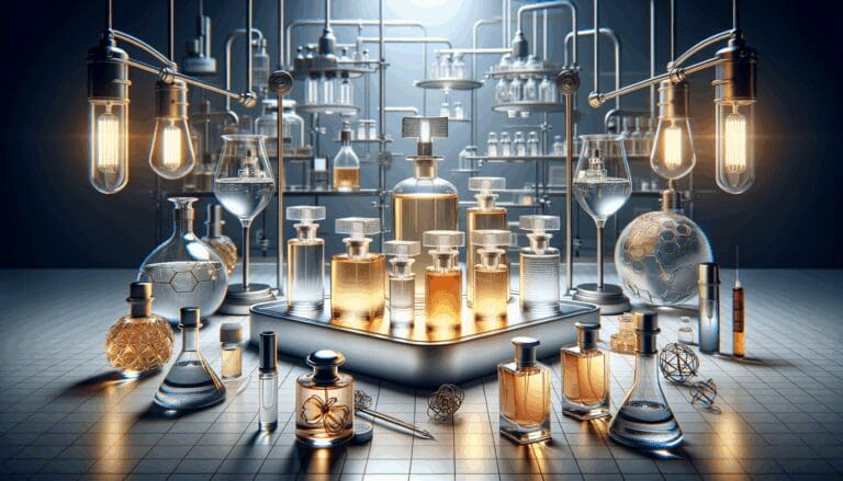 Frascos de perfume en una mesa de laboratorio iluminada, mostrando innovación y tecnología.