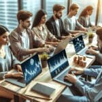 Grupo de jóvenes emprendedores trabajando en laptops con gráficos de criptomonedas en una oficina moderna.