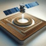 Campo agrícola visto desde el espacio con satélite sobrevolando, representando innovación tecnológica.