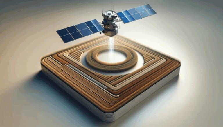 Campo agrícola visto desde el espacio con satélite sobrevolando, representando innovación tecnológica.