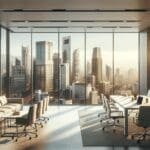 Oficinas modernas de una startup con vista panorámica de una ciudad latinoamericana.