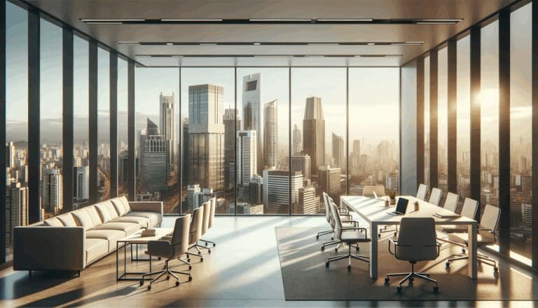 Oficinas modernas de una startup con vista panorámica de una ciudad latinoamericana.